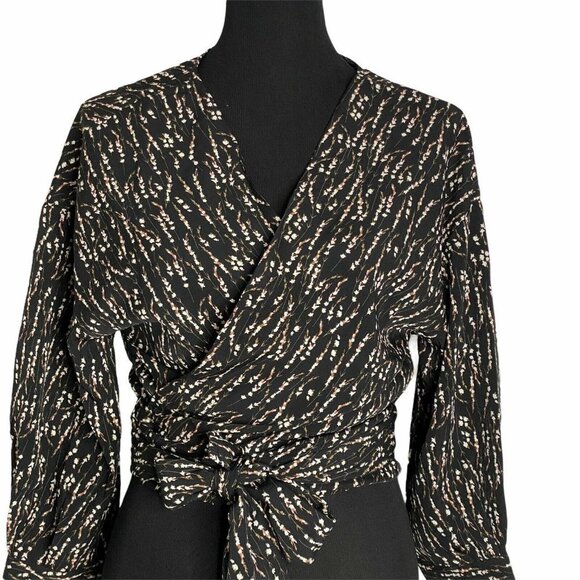 Anama Women's Black V Neck Balloon‎ Sleeve Floral Ditsy Print Wrap Top SZ M - Picture 6 of 12